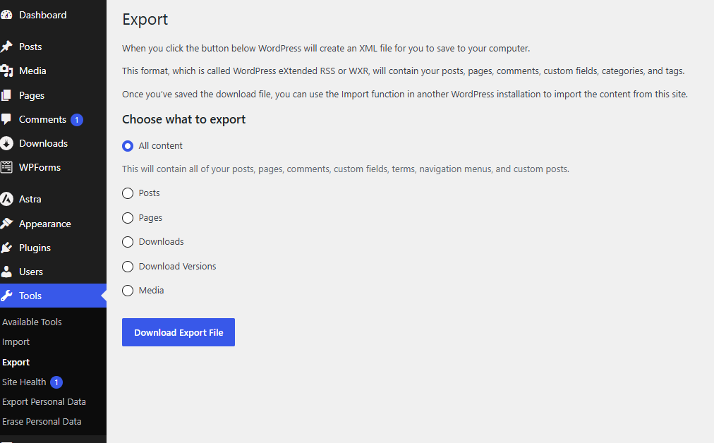 Screenshot of export from WordPress